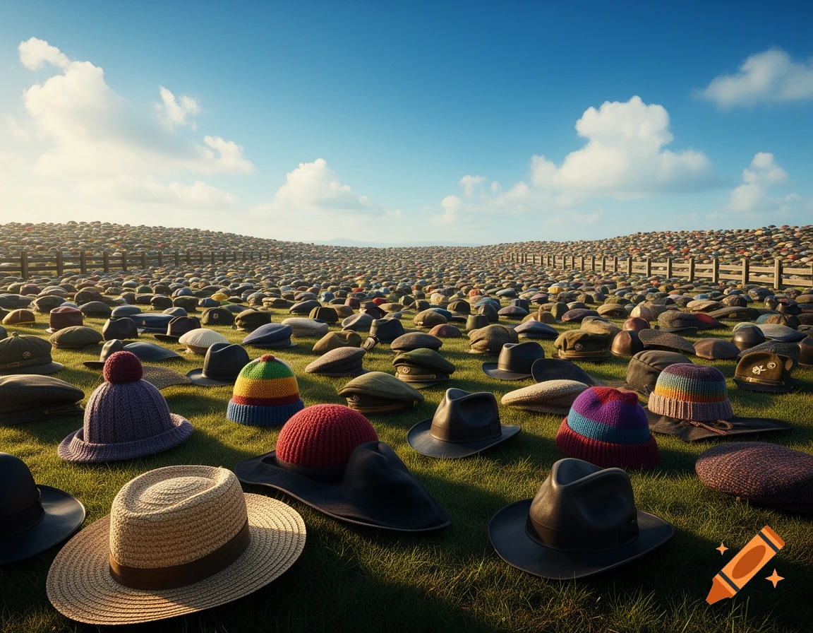 A vast field stretches under a bright blue sky, covered entirely with an assortment of hundreds of different hats.