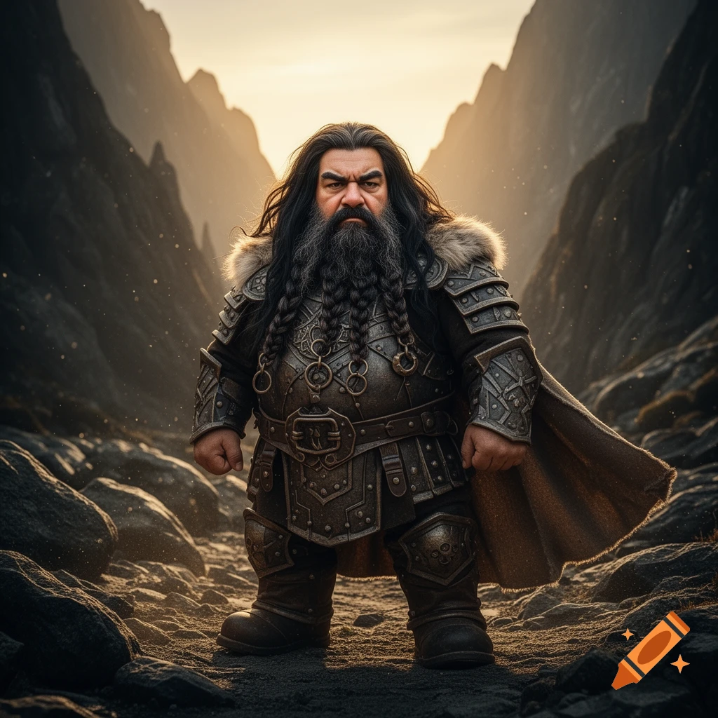 A photorealistic fantasy dwarf with a long braided beard and ornate armor stands in a rocky mountain pass at sunset.