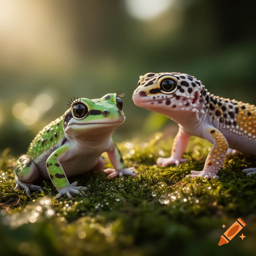 A cute green frog with long eyelashes and a leopard gecko sit on moss covered in water droplets.