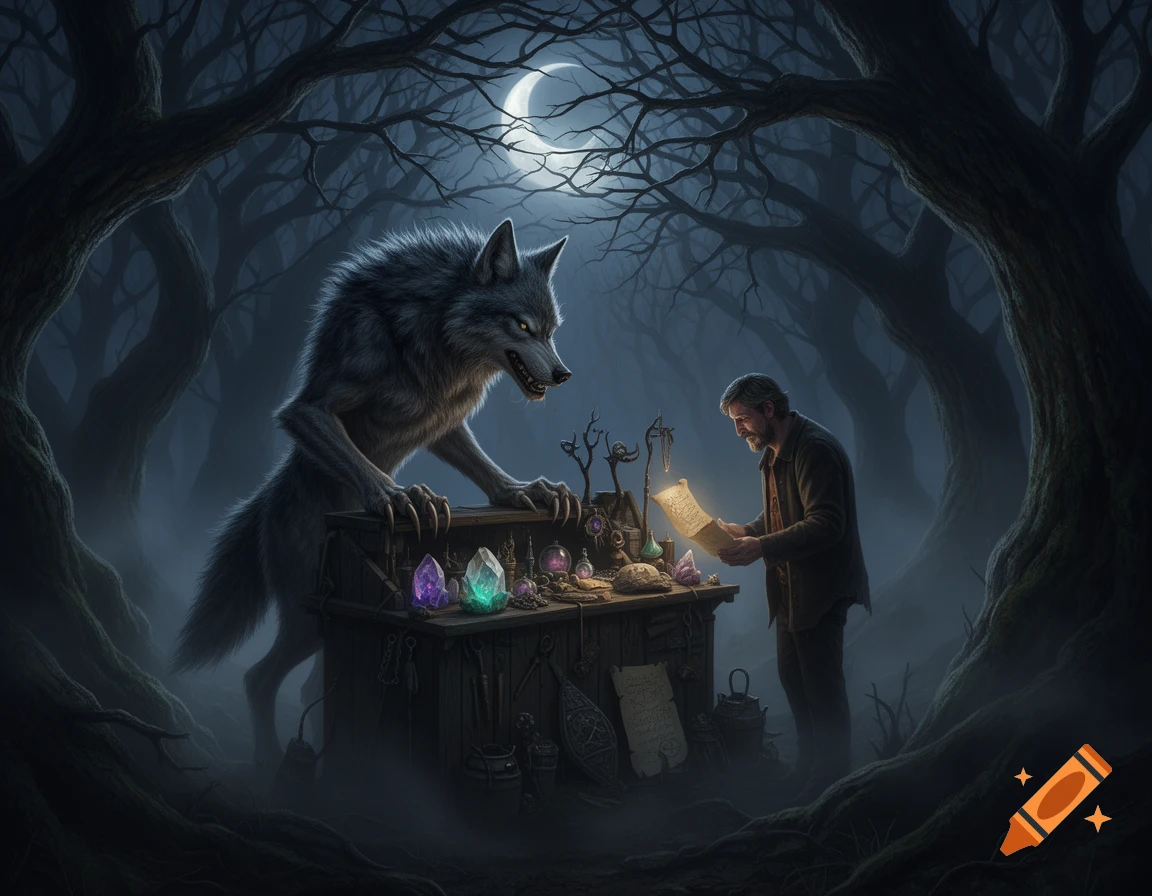 A man examines a glowing scroll in a dark, misty forest at night, while a large, menacing werewolf with glowing eyes leans over a table filled with crystals and other wares.