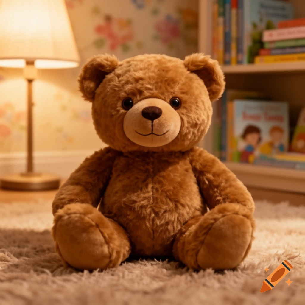 A brown teddy bear sits on a furry rug in a softly lit room with a lamp and bookshelf in the background, photorealistic style.