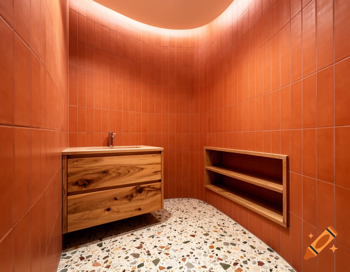 Modern bathroom with terracotta tile walls, terrazzo floor, wooden vanity, and built-in wooden shelves.