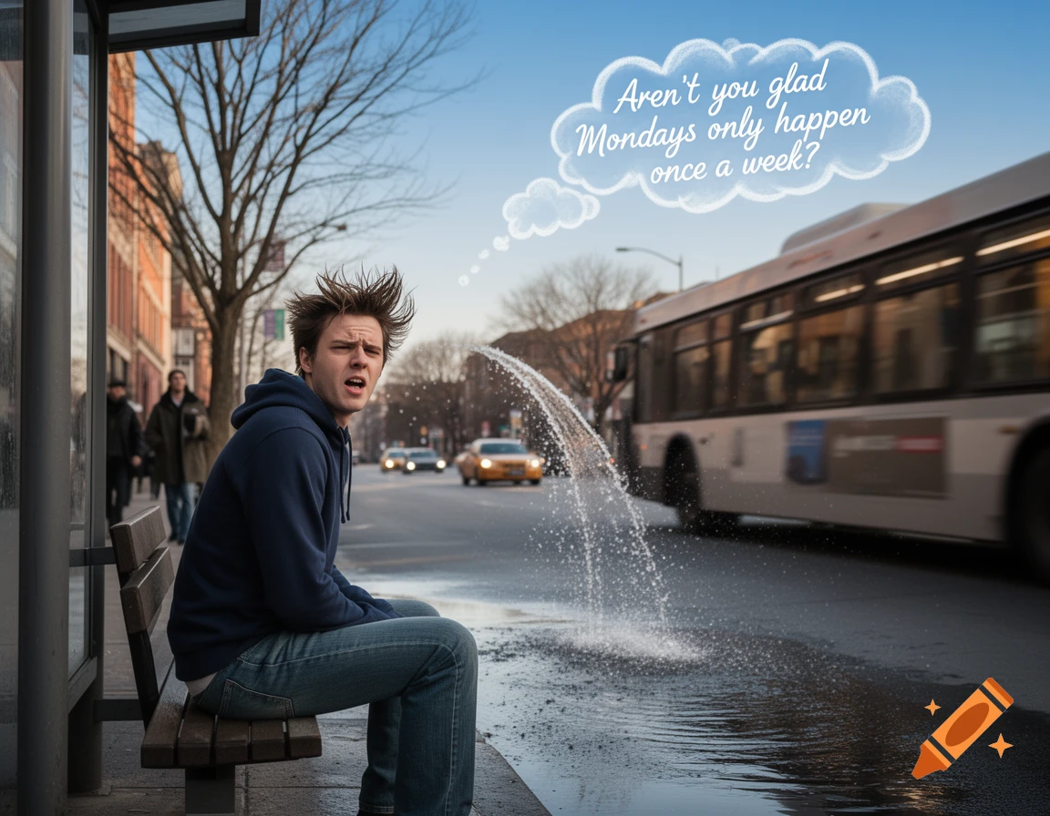 Annoyed man at a bus stop is splashed by a bus, a thought bubble above him reads 'Aren't you glad Mondays only happen once a week?'
