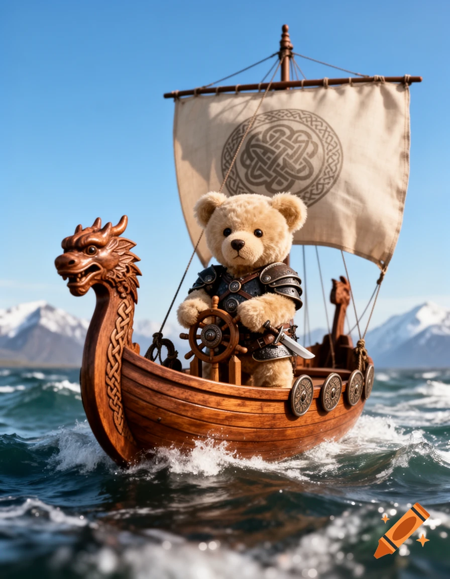 A photorealistic teddy bear Viking steers a longship with a Celtic knot sail on a wavy sea, snowy mountains in background.