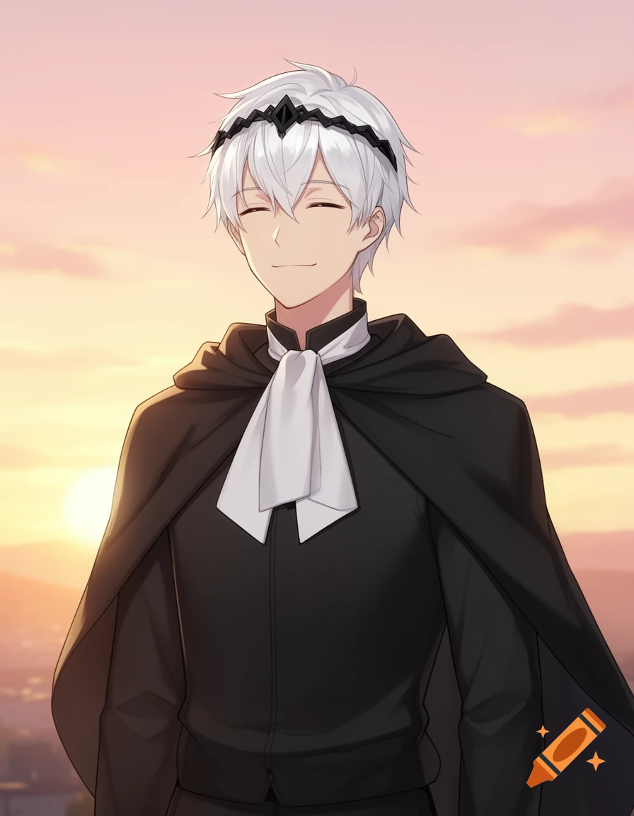 Anime male character with white hair, black cloak, and circlet smiling against a sunset background.