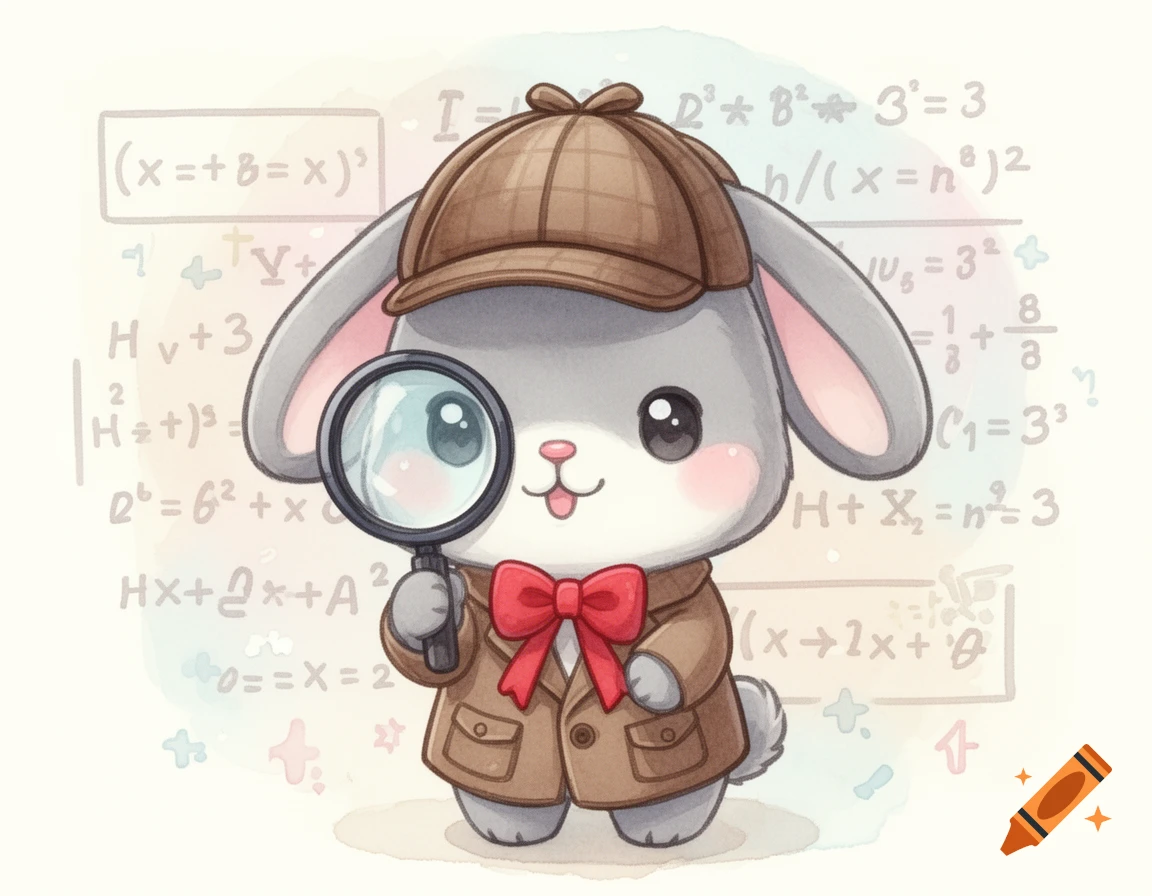 A cute kawaii grey rabbit wearing a detective hat, jacket, and red ribbon, holding a magnifying glass in front of math equations.