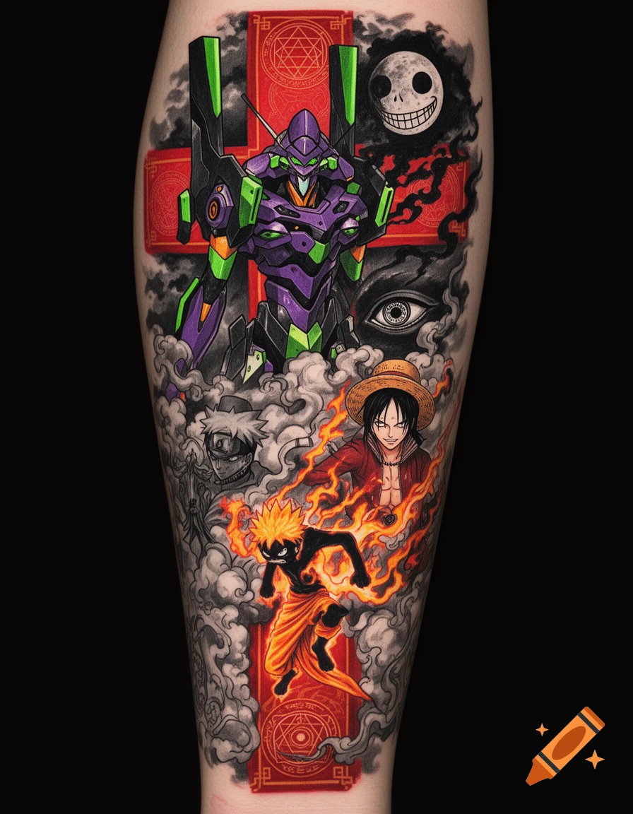 A colorful full sleeve tattoo featuring Evangelion Unit-01, Soul Eater's moon, Lelouch's Geass eye, Gear 5 Luffy, and Naruto in Six Paths mode, amidst smoke and sacred geometry.
