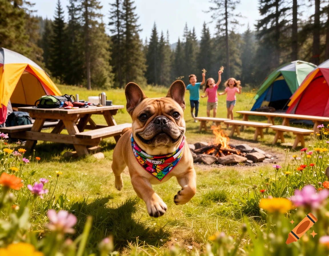 A happy French bulldog runs through a vibrant summer campsite with tents, children playing, a campfire, and wildflowers.