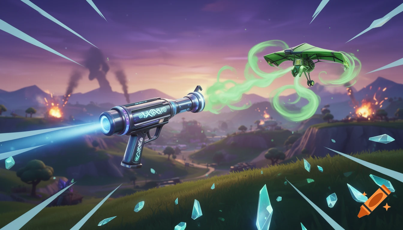 A stylized laser gun fires a blue beam while a green glider emits green smoke over a landscape with distant explosions, in a vibrant video game art style.