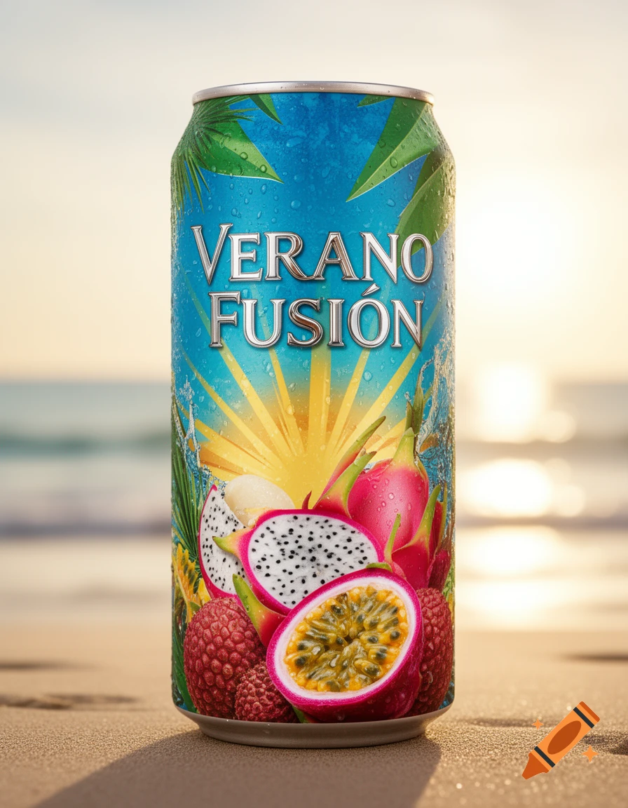 A photorealistic beverage can with "VERANO FUSIÓN" on a tropical design, surrounded by dragon fruit and passion fruit, on a sandy beach at sunset.