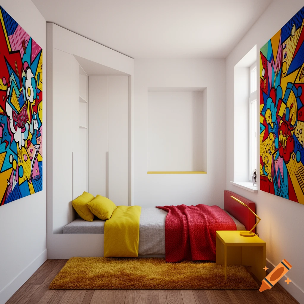A modern bedroom with white walls, a bed with yellow pillows and a red blanket, a yellow rug, and two large pop art paintings.