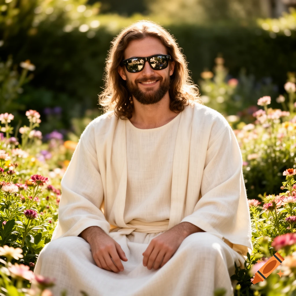 A man resembling Jesus with long hair and a beard, wearing sunglasses, sits smiling in a sunny flower garden. Photorealistic.