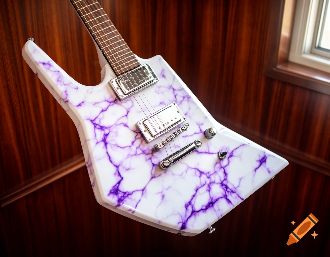 Close-up of a white electric guitar with purple marbled veins, reflecting light against a dark wooden paneled wall with a window.