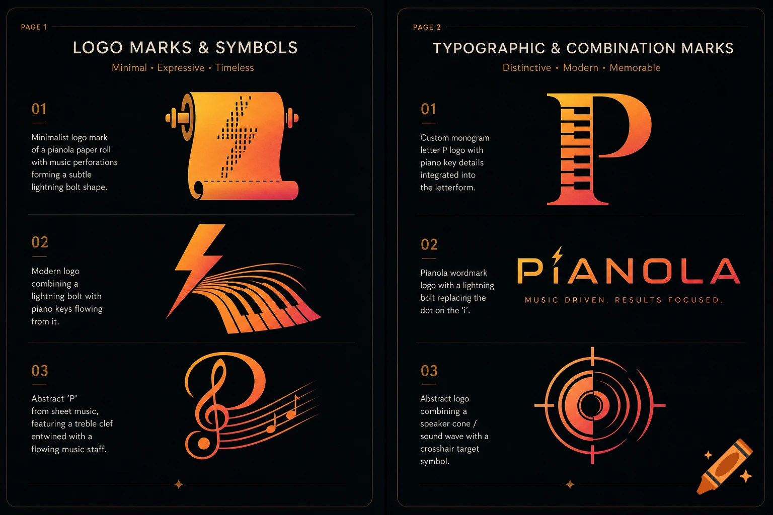 Two pages displaying six distinct orange gradient logo designs related to music, including a pianola roll, lightning bolts, piano keys, a treble clef, and a wordmark.