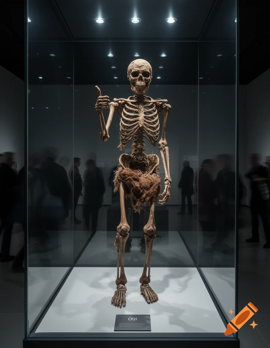 Photorealistic image of Ötzi the Iceman's skeleton in a glass display case, giving a thumbs-up in a museum exhibit.