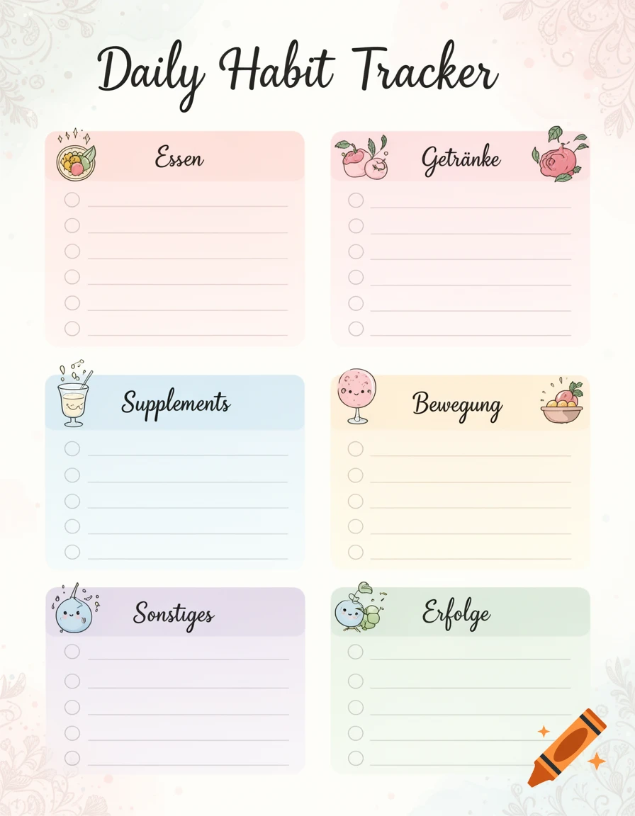 A cute, pastel-colored digital daily habit tracker with six sections: Essen, Getränke, Supplements, Bewegung, Sonstiges, and Erfolge, each with lines and a small icon.