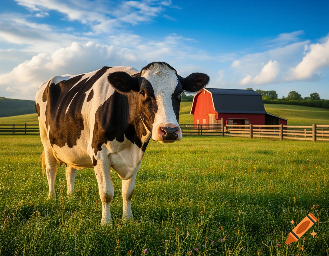 A photorealistic black and white cow stands in a sunlit green field with a red barn and fence in the background under a blue sky.