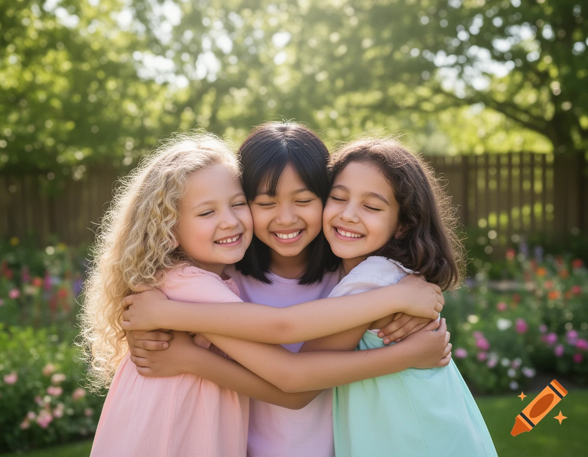 Three diverse young girls with closed eyes happily hug each other in a sunny garden, photorealistic style.