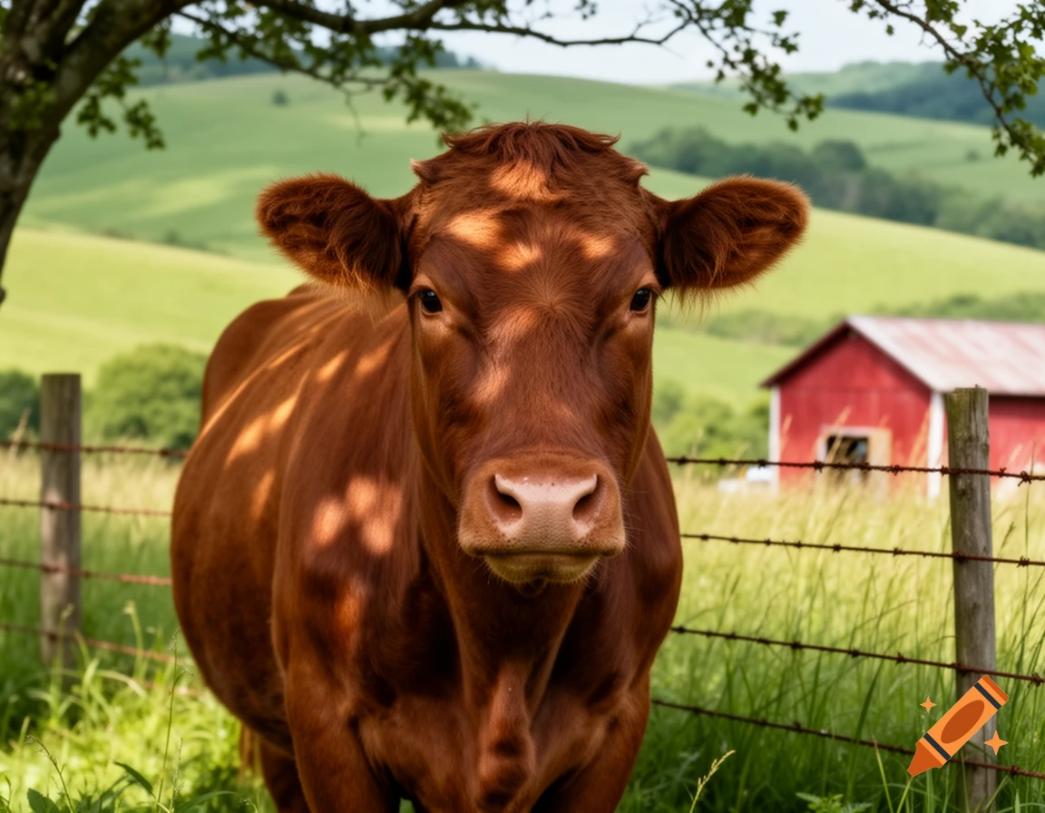 A brown cow looks forward, standing in a grassy field with a red barn and green hills in the background, under a tree.