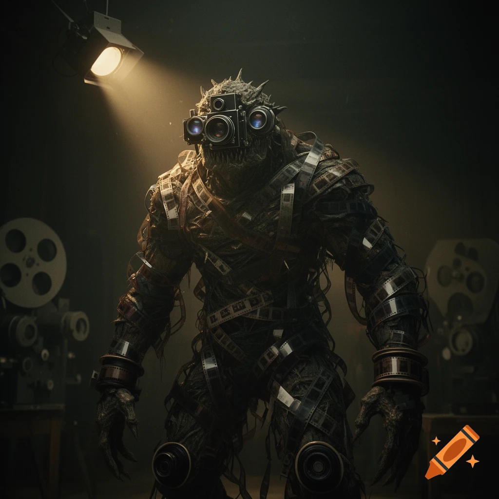 A terrifying monster made of film strips, cameras, and lenses stands under a spotlight in a dark film studio, evoking classic cinema horror.