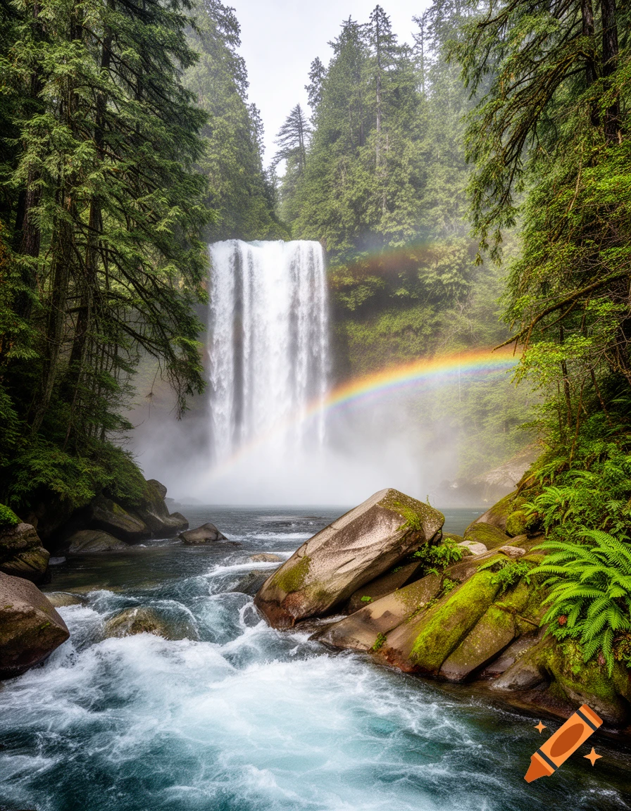 A powerful waterfall cascades into a rocky river within a lush green forest, with a vibrant rainbow arching through the mist.