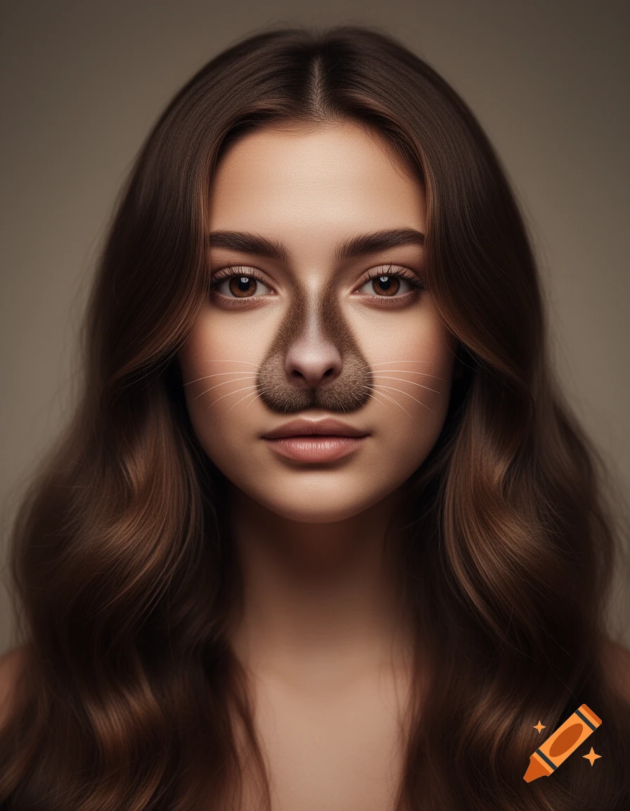 Photorealistic portrait of a 24-year-old woman with long brown hair, a mole-like snout, and whiskers.