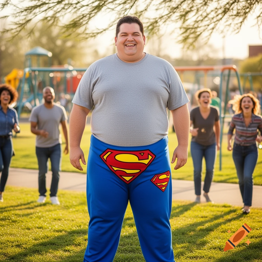 Smiling man in a grey t-shirt and blue Superman pants stands in a sunny park with blurred people in the background.