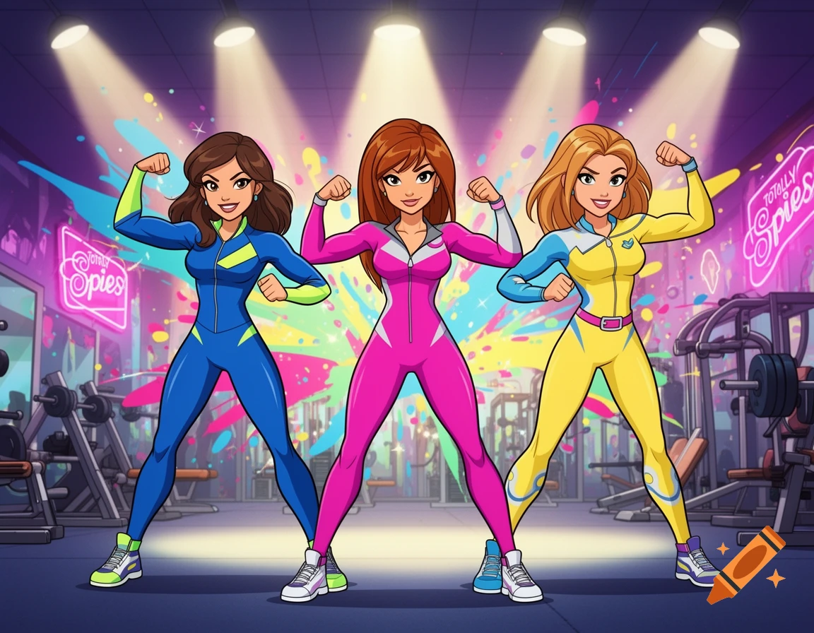 Three animated women in brightly colored athletic suits flex their muscles in a neon-lit gym.