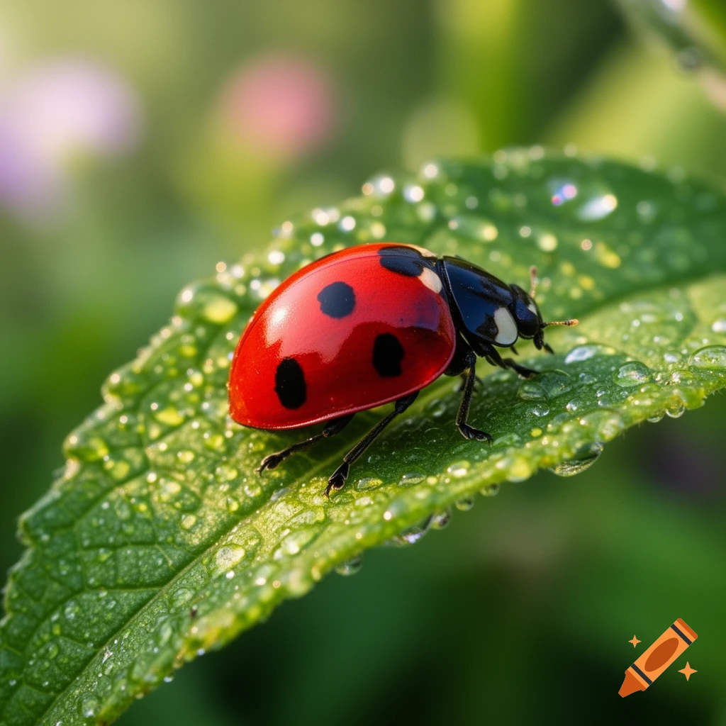 A vibrant red ladybug with black spots rests on a dew-covered green leaf, bathed in soft, natural light.