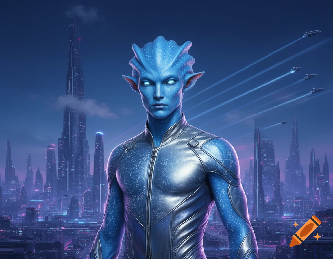 A blue alien man in a silver suit stands in front of a futuristic city with flying spaceships at dusk.