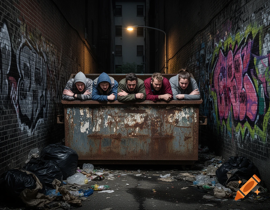 Five men in hoodies lean over a rusty dumpster in a dark, graffiti-covered alley, with trash bags and litter on the ground.