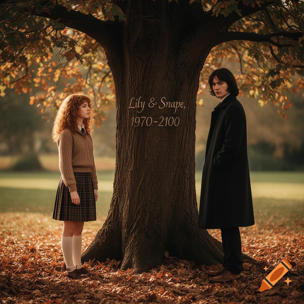 A photorealistic image of a young woman with red curly hair and a man in a black coat standing next to a large tree in an autumn park. "Lily & Snape, 1970-2100" is carved into the tree trunk.