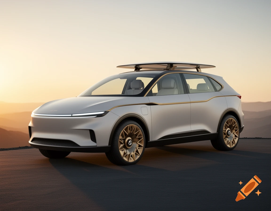 A futuristic silver SUV with gold trim and a surfboard on its roof, parked on a road with a sunset over mountains.