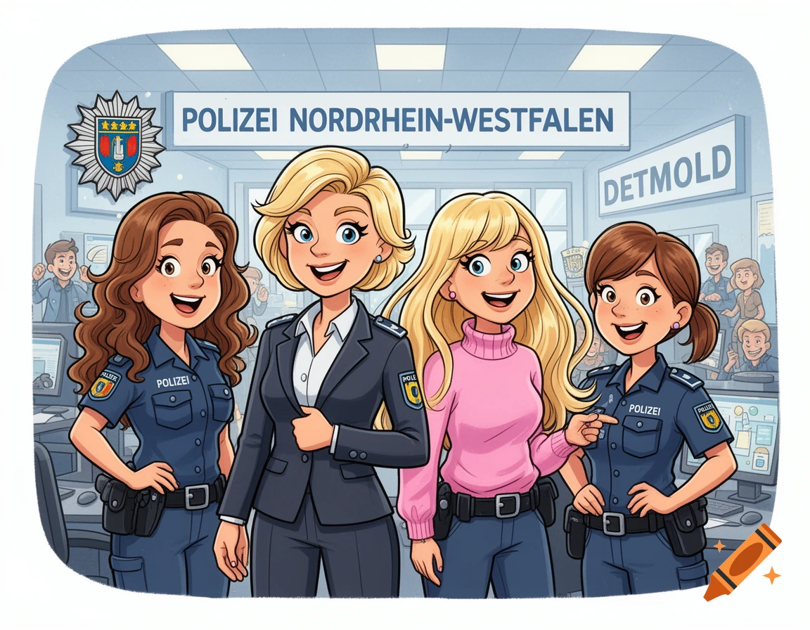 Four smiling cartoon women, two in police uniforms and two in civilian clothes, stand in a police control room.