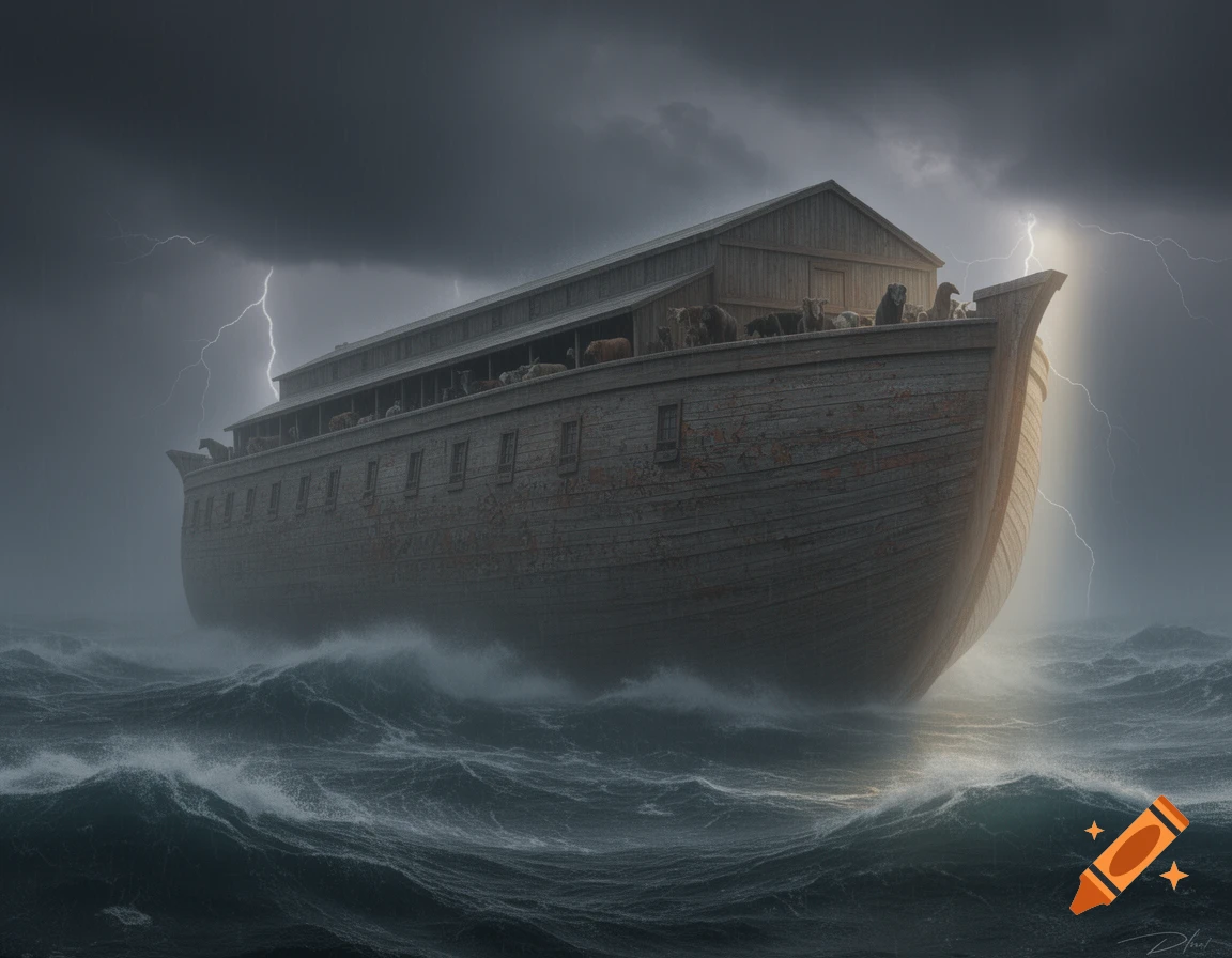 Noah's Ark on a stormy sea with lightning in a dramatic, photorealistic style.