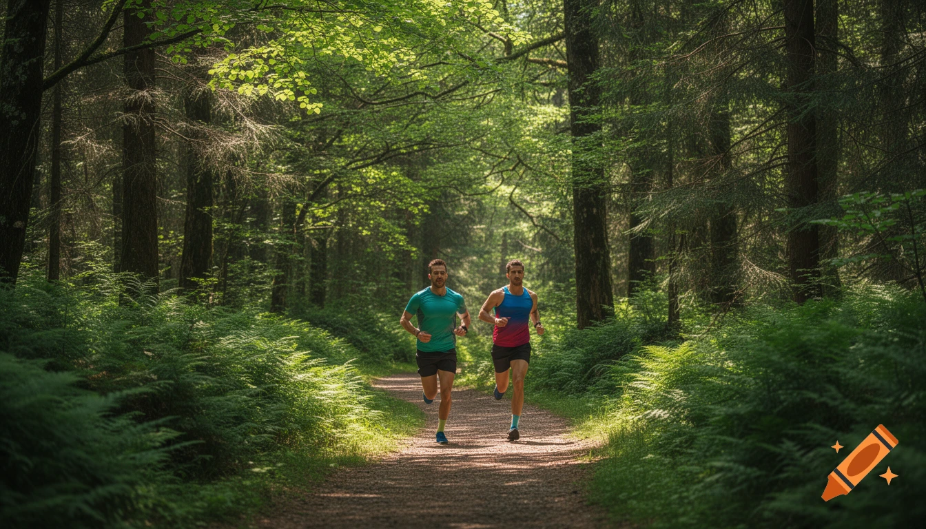Two men run along a winding dirt path through a sun-dappled mixed forest filled with green ferns and tall trees.