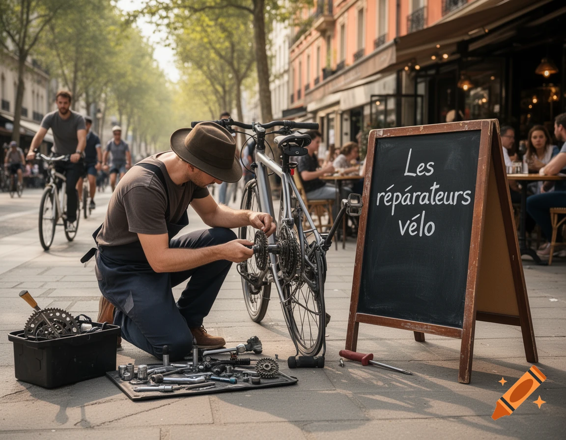 Man in a hat and apron repairs a bicycle on a city street beside a chalkboard sign that reads 'Les r parateurs v lo'.
