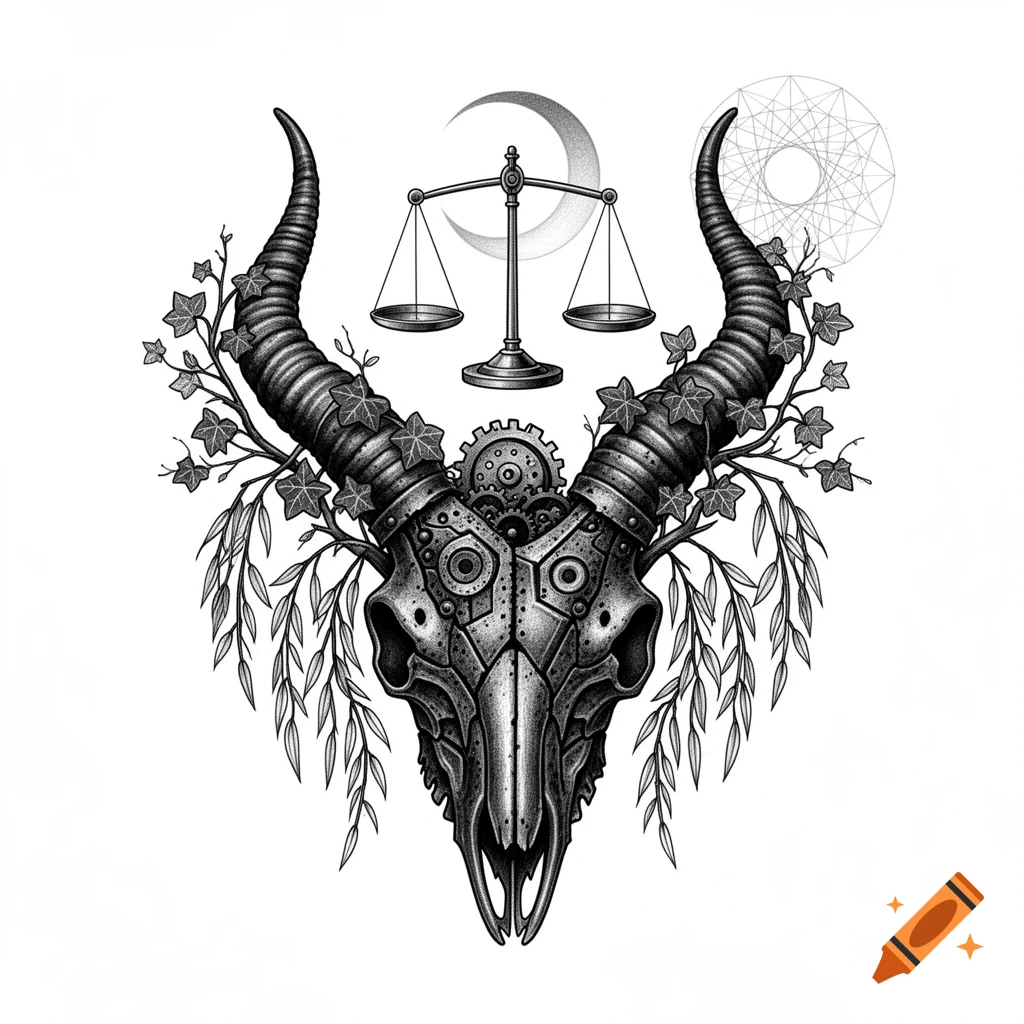 A black and gray tattoo design of a biomechanical Capricorn sea-goat skull with gears and metal plates, entwined with ivy and willow branches. A Libra scale hangs from the horns, with a crescent moon and geometric sun matrix in the background, all on a white backdrop.