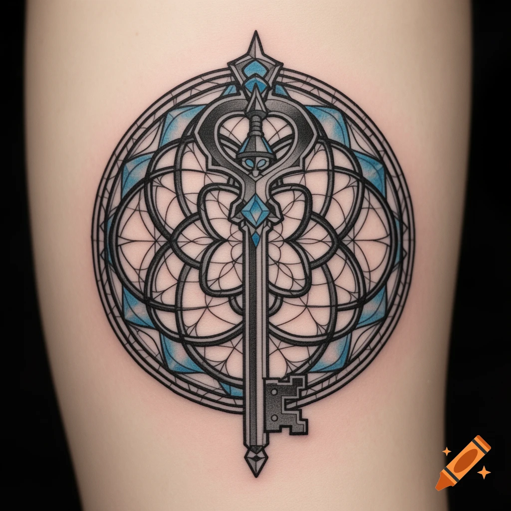 Minimalist blackwork Keyblade and stained-glass rose window tattoo with blue accents on skin.