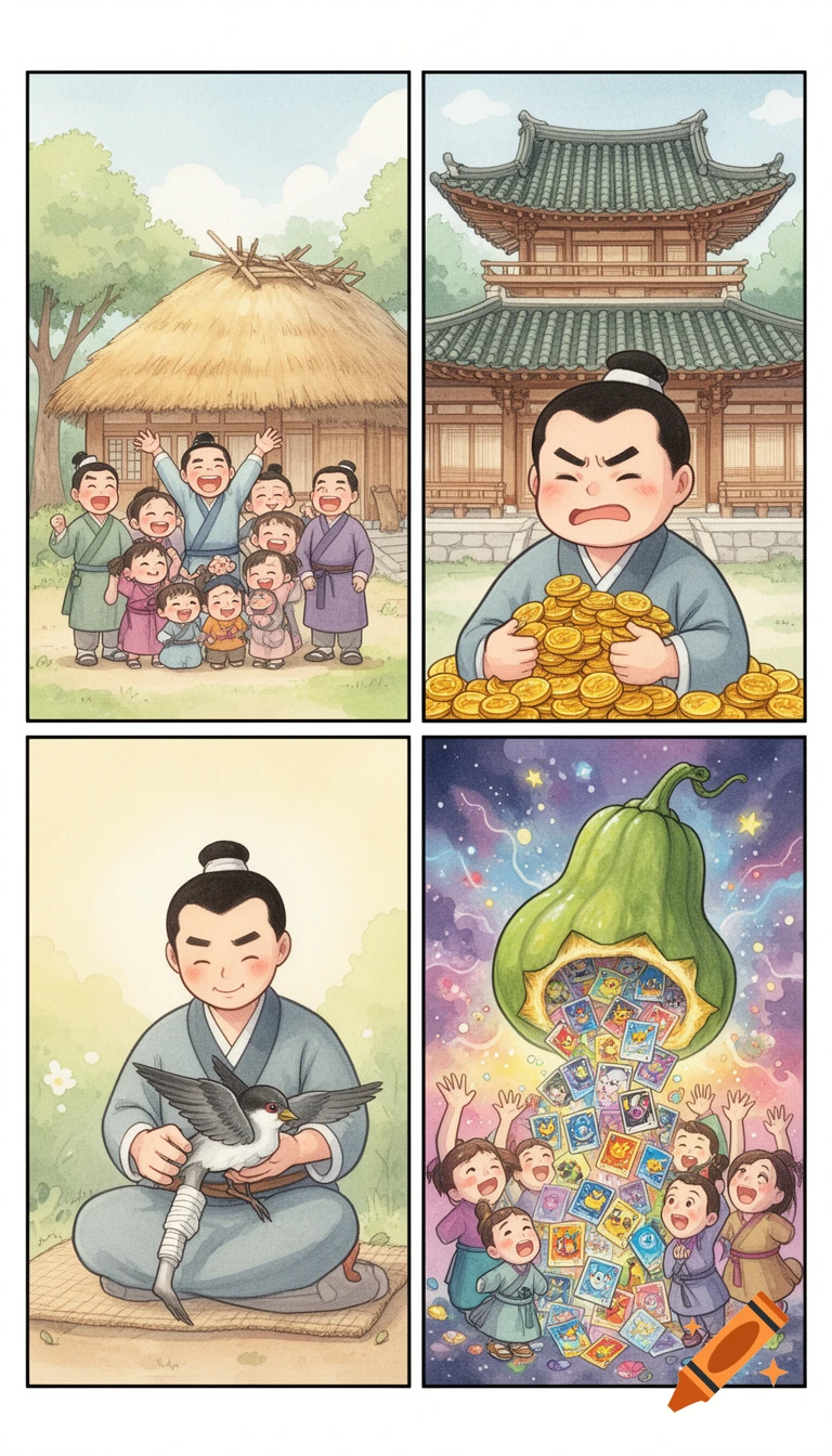 A 4-panel watercolor comic strip depicting the Korean folktale of Heungbu and Nolbu, featuring cheerful families, a greedy man with gold, and a magical gourd spilling Pokemon cards.