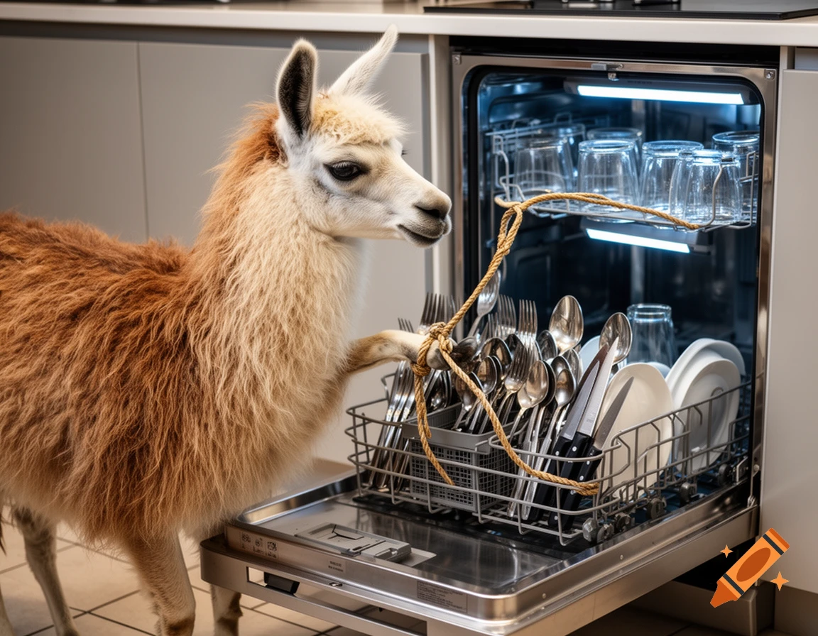 A photorealistic llama uses a rope to load a dishwasher filled with cutlery and glasses in a modern kitchen.