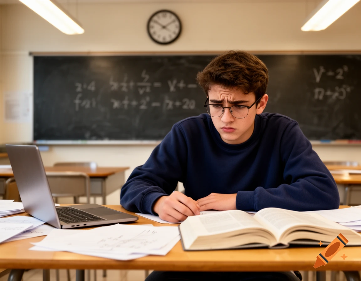 A male student in glasses with a worried expression, sitting at a desk with an open book, laptop, and papers in a classroom with a blackboard.