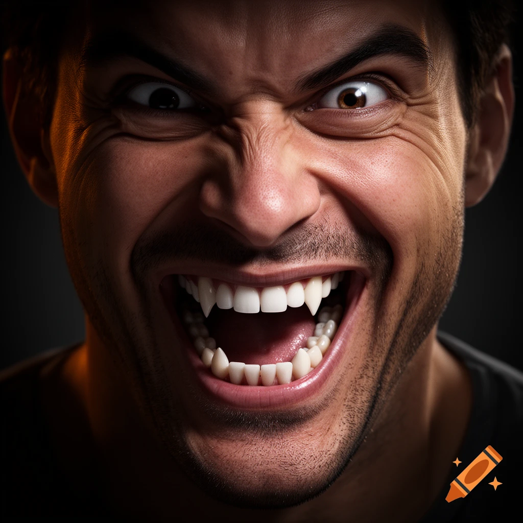 Close-up of a man with an exaggerated, menacing expression and sharp vampire fangs, looking hungry.