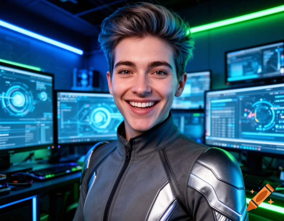 A smiling young person with spiky hair in a futuristic grey and silver jacket stands in a room with multiple glowing blue and green computer screens displaying abstract data.