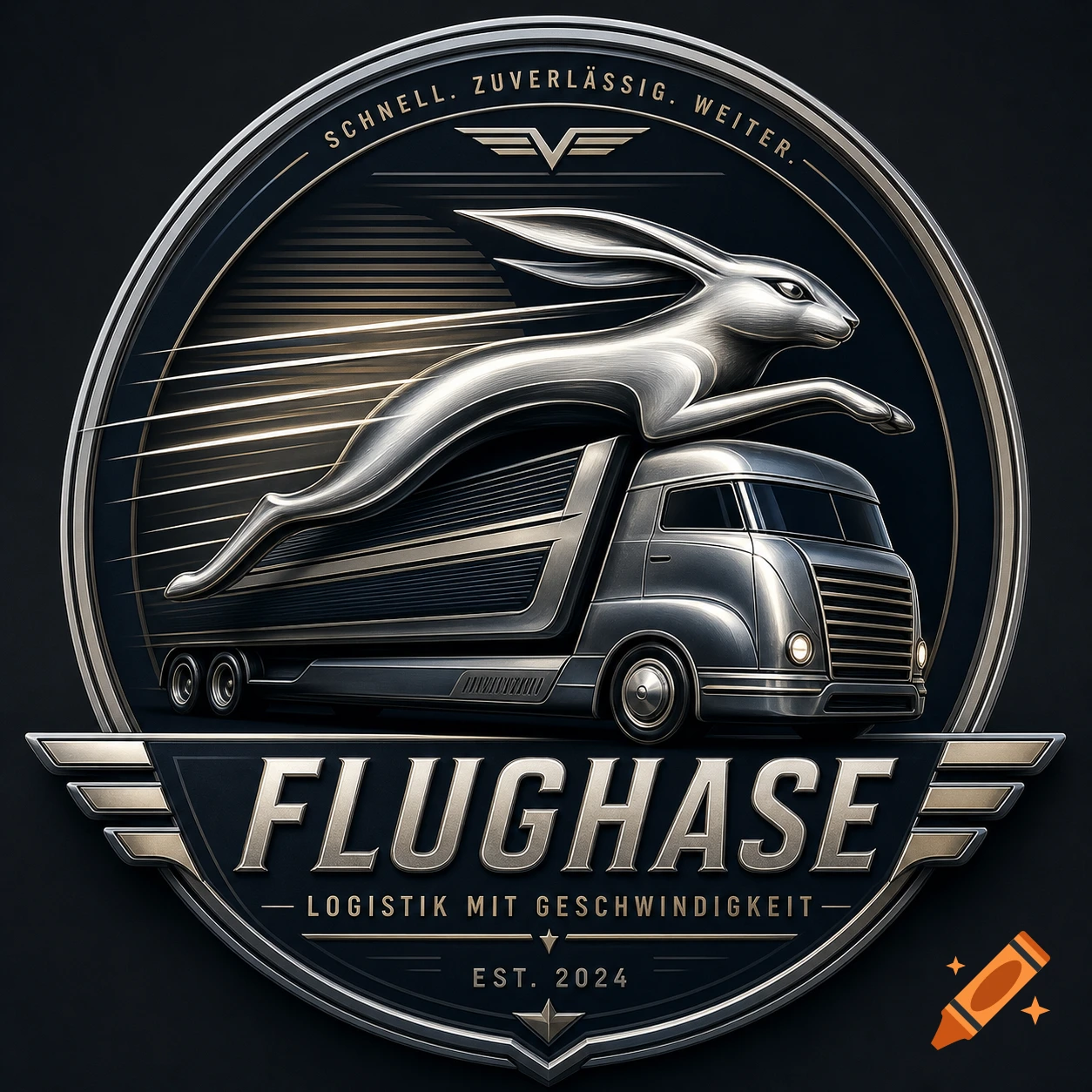 A metallic logo featuring a stylized silver rabbit leaping over a vintage-style truck within a dark circular emblem.