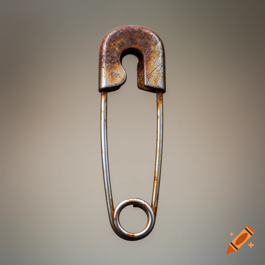 A close-up, photorealistic shot of an old, rusty, open safety pin hanging against a neutral background.