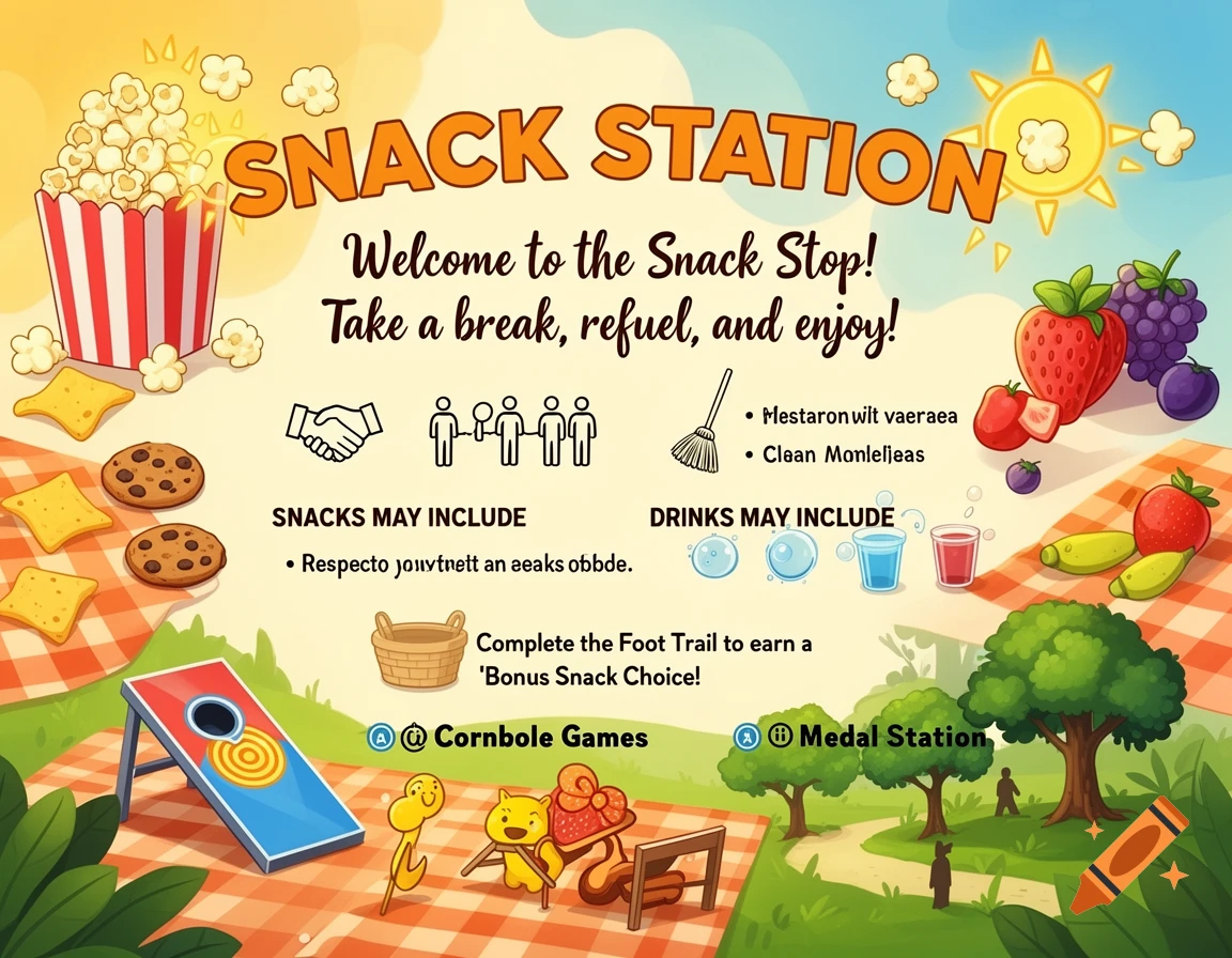 A colorful cartoon illustration of a 'Snack Station' at an outdoor event, featuring popcorn, cookies, fruit, drinks, and activities like cornhole games.