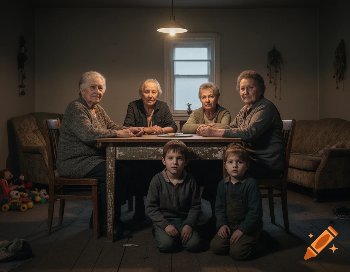 Photorealistic image of four elderly women sitting at a table and two young children kneeling in a dimly lit, rustic room.