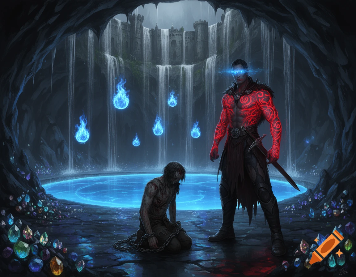 A warrior with red glowing tattoos and blue eyes stands over a chained prisoner in a dark cave with a glowing blue pool and waterfalls.