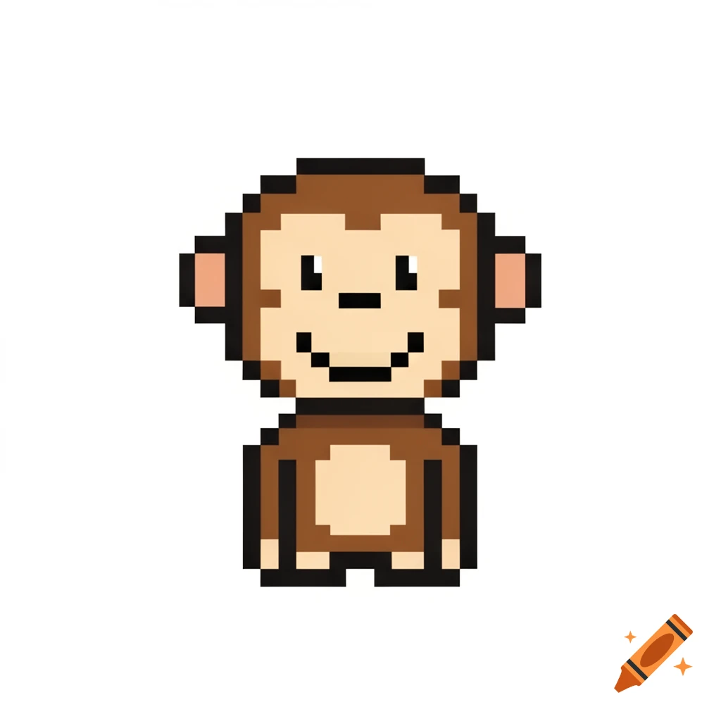 A cartoonish pixel art monkey with brown fur and a smiling light beige face on a white background.